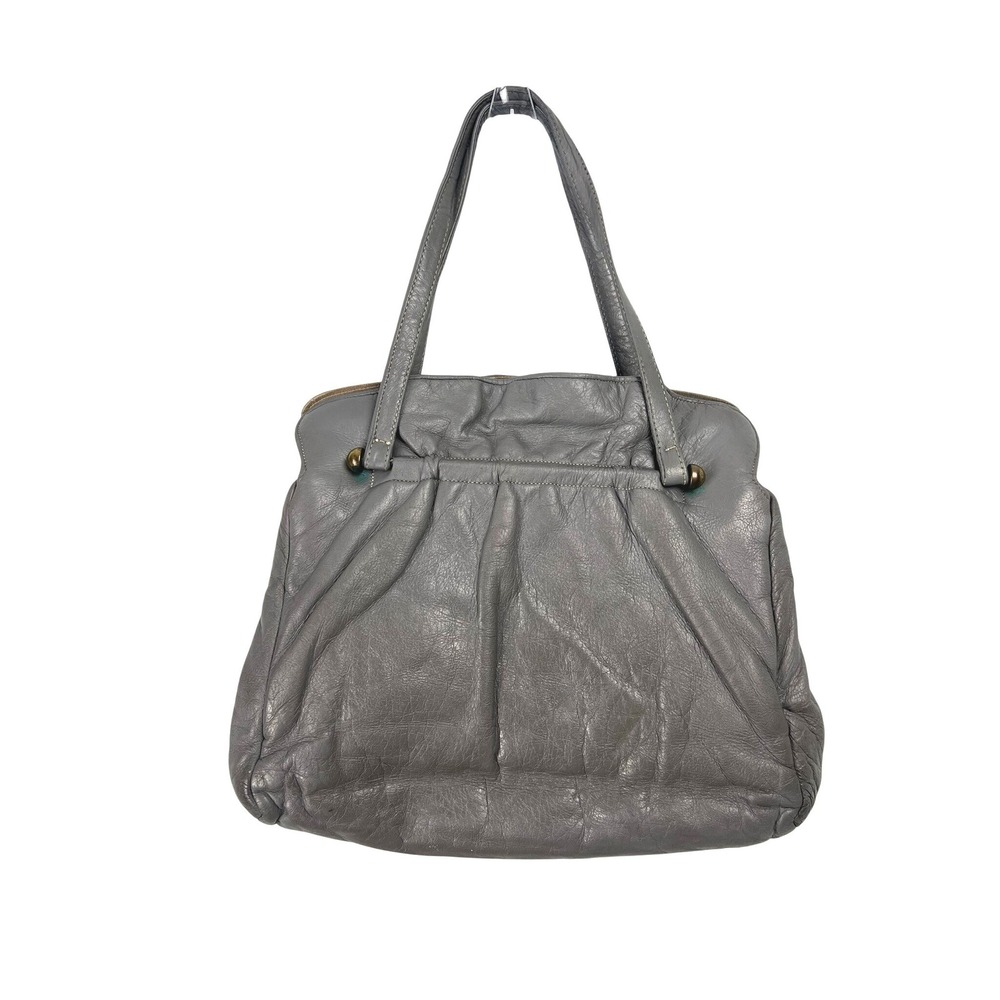 Vintage Grey Leather‎ Frame Shoulder Bag Pleated Kiss Lock Tote Handbag